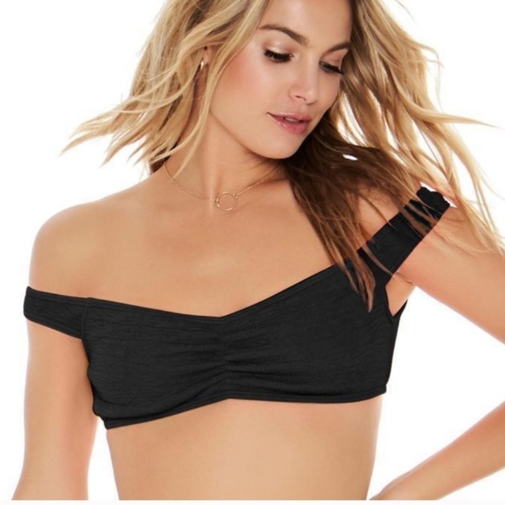 NWT L*space Ziggy black crinkle stretch bikini top, off shoulder bandeau